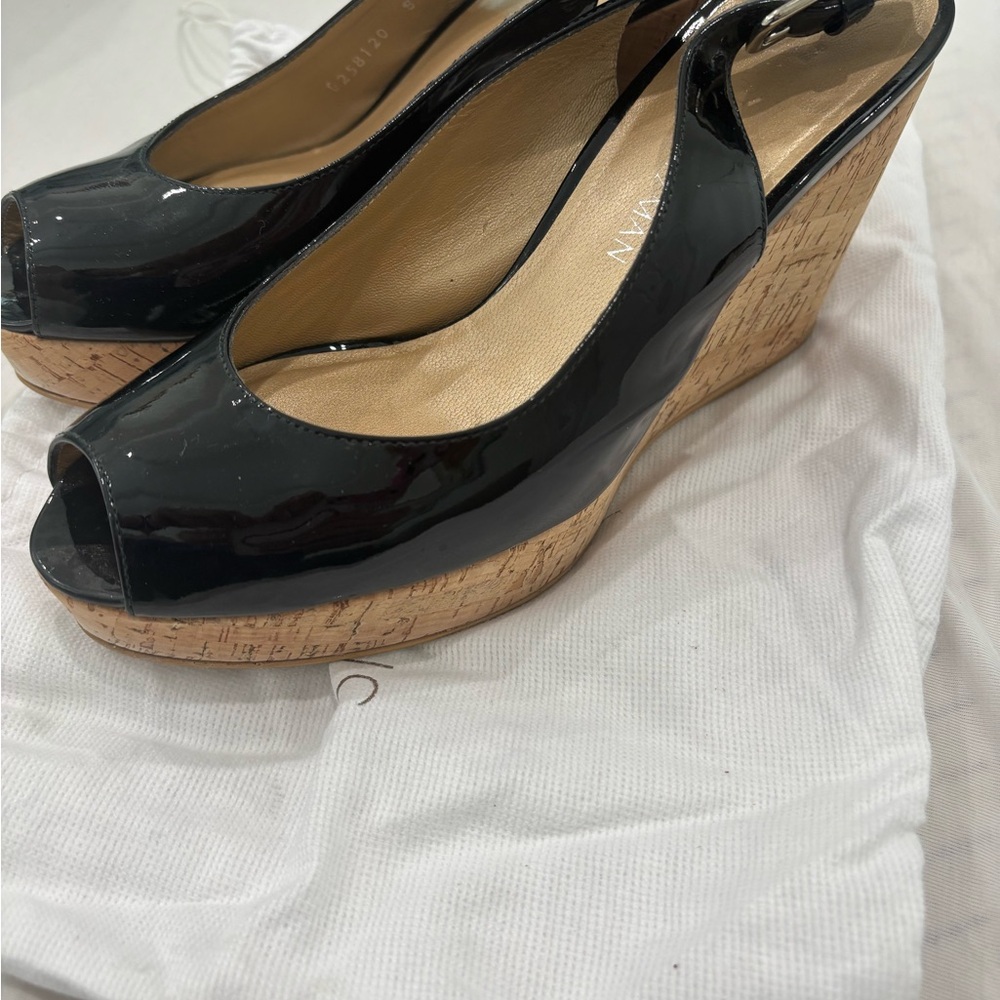 Stuart Weitzman Glossy Black Wedge Sandals